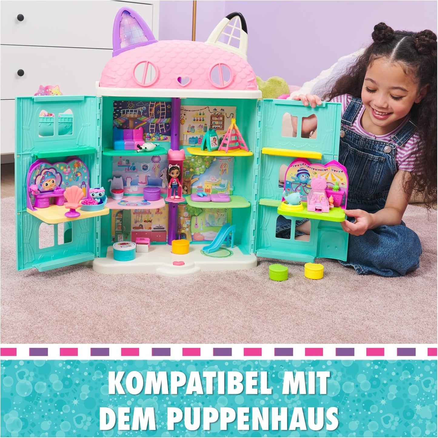 DREAMWORKS GABBY'S POPPENHUIS - Deluxe kamerspeelset, Kitty Narwhale feestkamer, themameubels en accessoires, vanaf 3 jaar