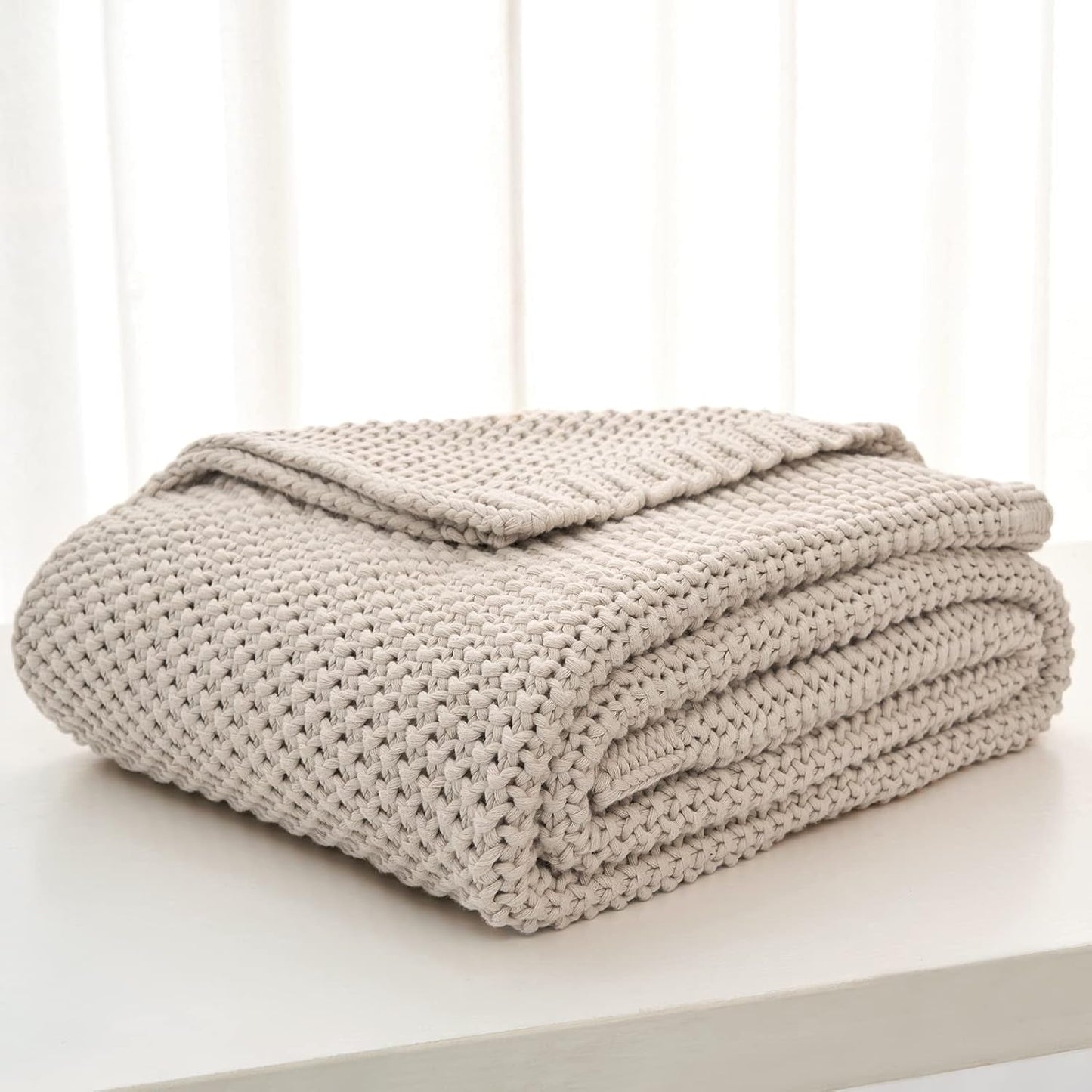 Grof gebreide deken, Lichtgewicht, Beige, 100% biologisch katoen, Deken voor bank, bank, bed, kind, kinderkamer, Rustiek, Shabby chic, Moderne boerderij, 152,4 X 203,2 cm, Inclusief waszak Bedden en dekens Longhui beddengoed