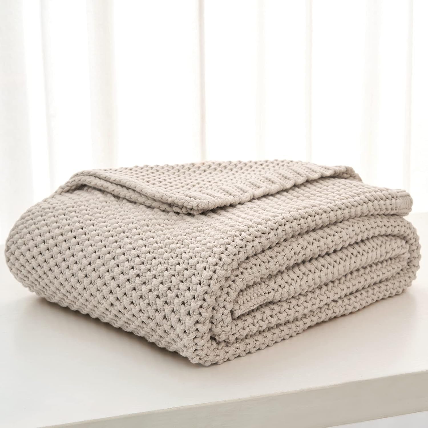 Grof gebreide deken, Lichtgewicht, Beige, 100% biologisch katoen, Deken voor bank, bank, bed, kind, kinderkamer, Rustiek, Shabby chic, Moderne boerderij, 152,4 X 203,2 cm, Inclusief waszak Bedden en dekens Longhui beddengoed