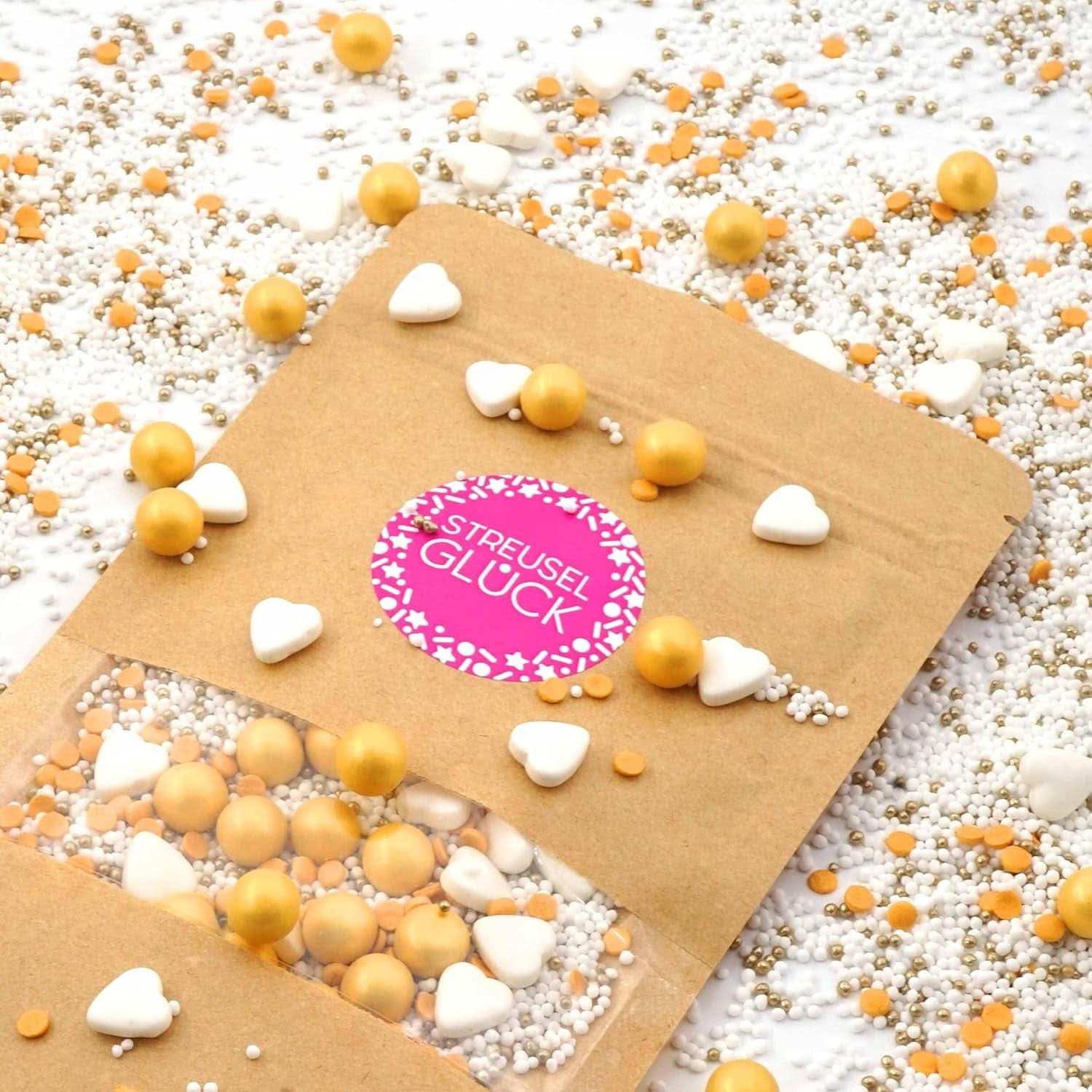 Streusel Glück, Hagelslag met witte hartjes en gouden balletjes, 40 gram Hagelslag Naty Shop