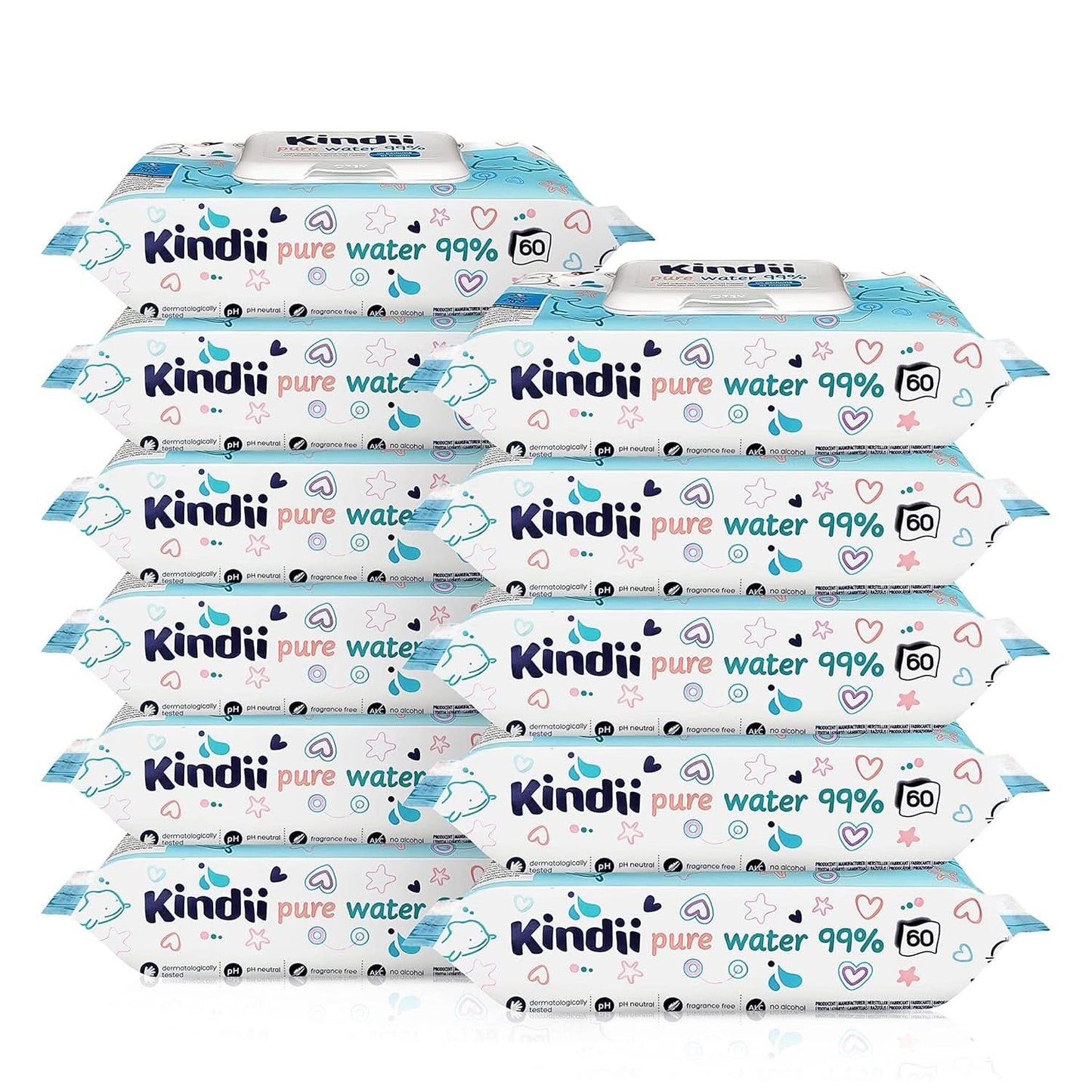 Kindii Feuchttücher Für Babies en Kinder Zuiver Water 99% - 99%Ige Zusammenzeit Auf Wasserbasis - Allantoïne - Unparfümiert - Dermatologisch Getestet - Für Empfindliche Haut - 720 Stück - 12X60 Stück Naty Shop
