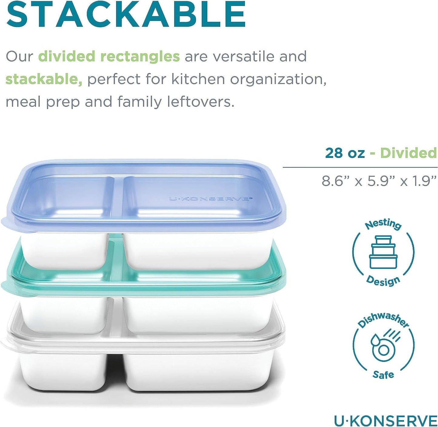 U Konserve - Verdeelde rechthoekige roestvrijstalen voedselcontainer met siliconen deksel - Island Teal - 28oz / 825ml Voedselbewaardozen Naty Shop
