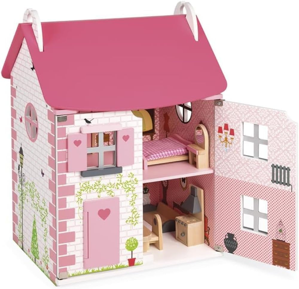 Janod Mademoiselle houten poppenhuis van 3 verdiepingen met 11 accessoires, replica speelgoed, stimuleert de fantasie, vanaf 3 jaar, J06581