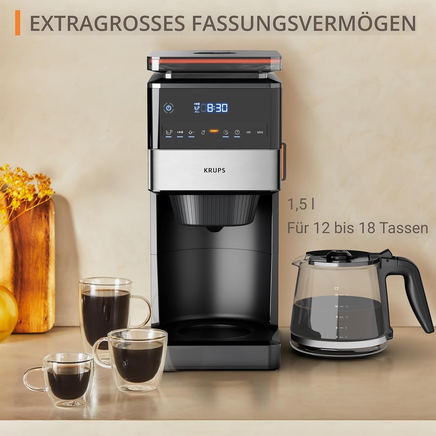 KRUPS Grind Aroma XL espressomachine, afneembare conische molen, digitaal bedieningspaneel, XL-capaciteit (1,5 l), warmhoudfunctie, glazen karaf, zwart/roestvrij staal, KM842810