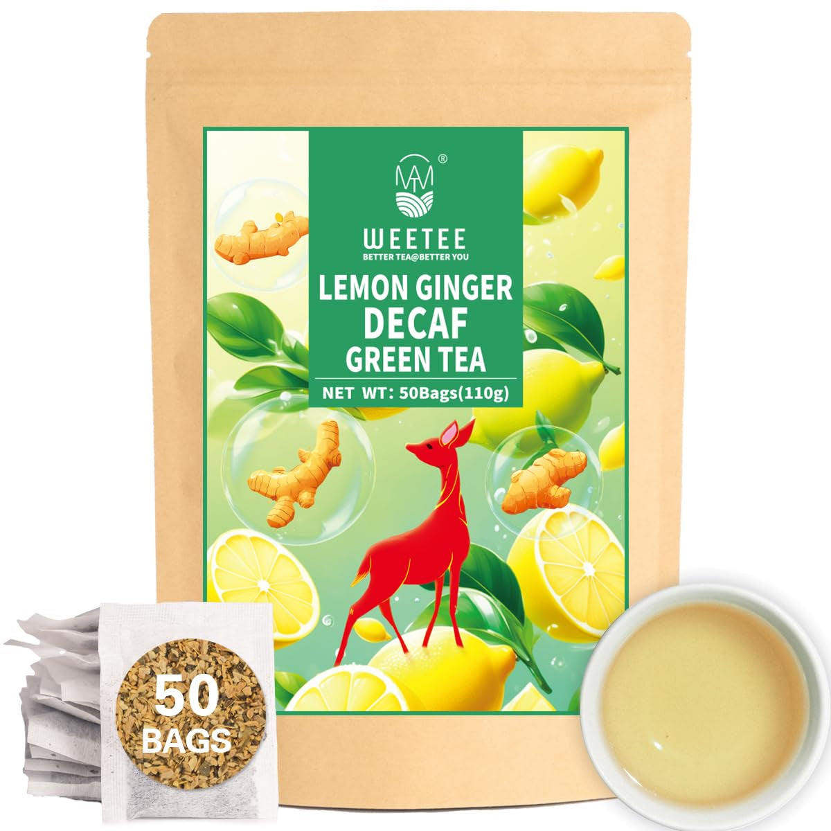 WEETEE Groene Theezakjes, 100 Stuks Groene Theezakjes, Pure Groene Thee, Super Antioxidant | Hersluitbare zakjes | Warme of koude bereiding