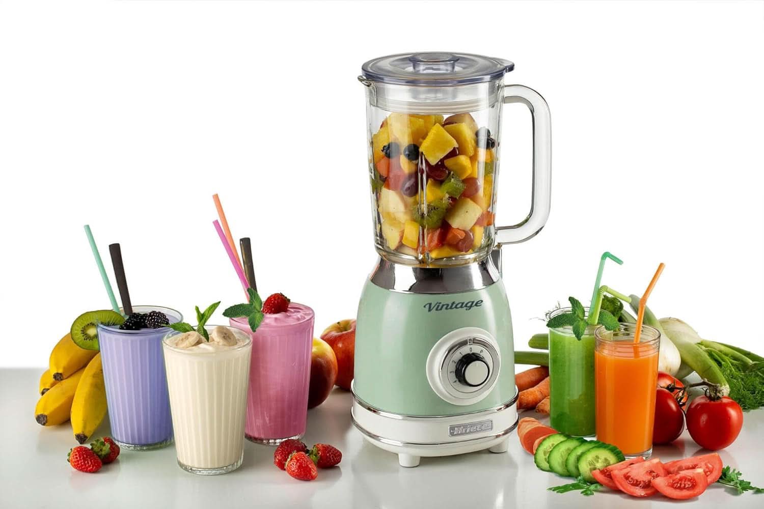 Ariete Vintage 583 Mixer Aus Glas, Retro Multifunctionele Mixer Met 4 Klingen, 4 Geschwindigkeiten + Pulse-Funktion, Ice-Crusher Funktion, 1,5 Liter Fassungsvermögen, 1000W, Green Kitchen Naty Shop