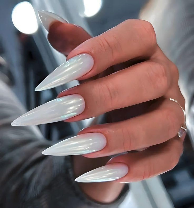 Mouyuglow Lange nagels Stiletto Melkwit Gradiënt Roze Glitter Cool Nepnagels met lijm Roze Ombre Glitter Kunstnagels