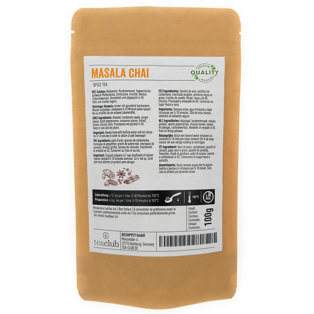 Masala Chai thee kruidenmix 100g, Indiase kruiden voor chai thee of chai latte, 100% natuurlijk, niet gearomatiseerd, Teaclub Thee