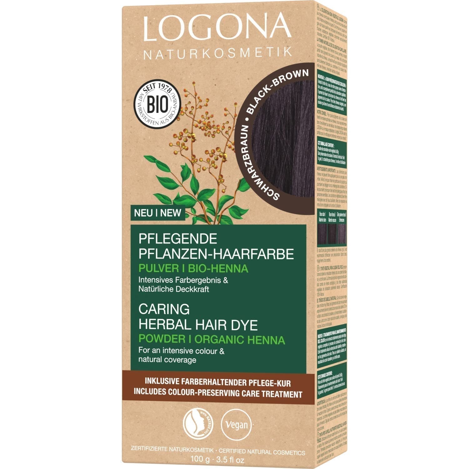 LOGONA Natural Cosmetics Kruiden voedende haarverf, biologisch hennapoeder Veganistische haarverf voor intense kleur en glans, kruidenhaarverf in koperblond (blond), 1 x 100 g Naty Shop haarverf zwartbruin 100 g (1 verpakking)