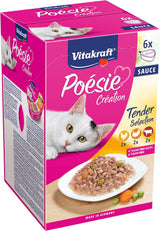 Vitakraft Poésie Création, Tender Selection, Nat kattenvoer, Nat kattenvoer in saus, met kip, met kalkoen, met rundvlees, zonder toegevoegde suiker en granen (1 verpakking van 6 x 85 g)