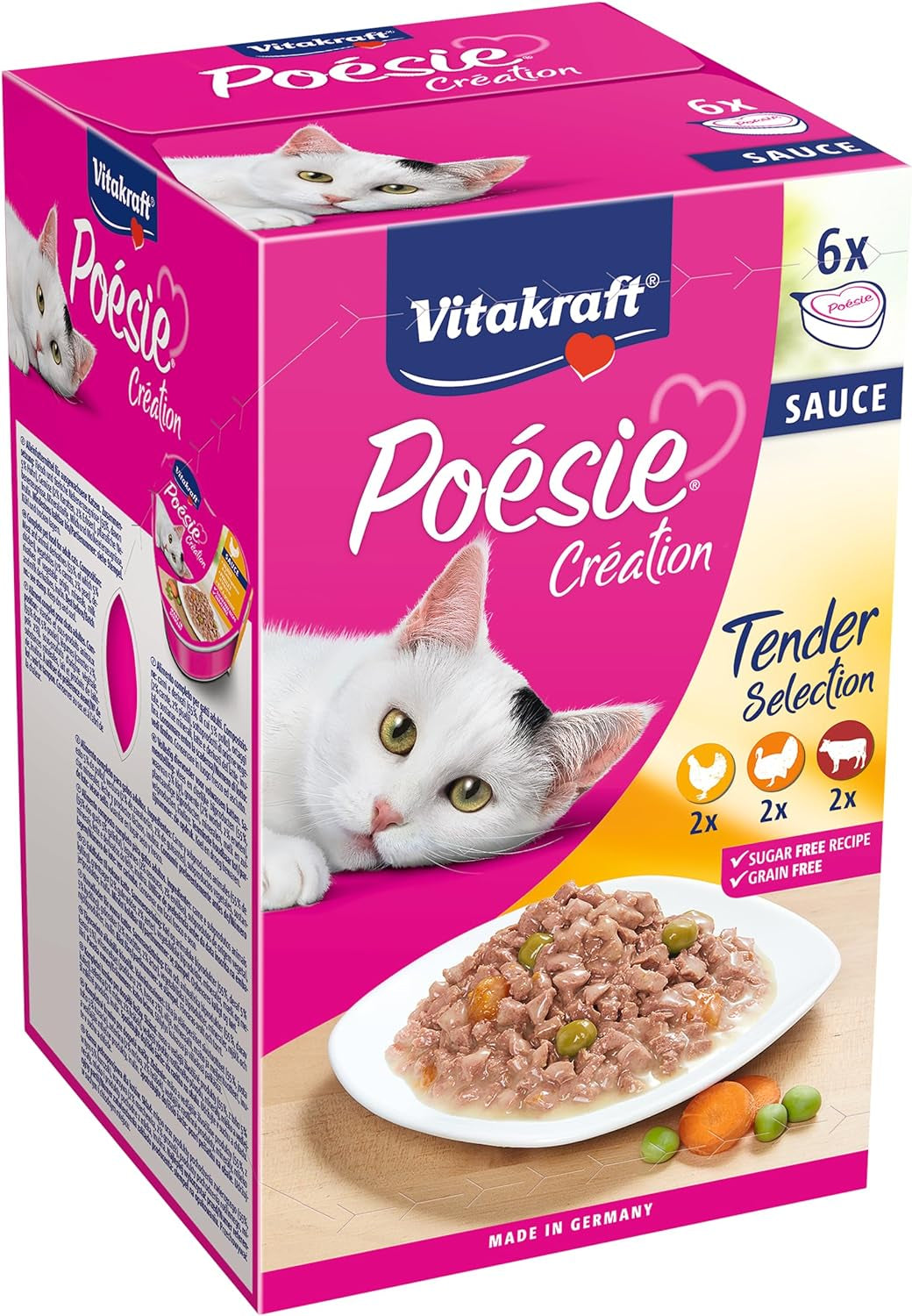 Vitakraft Poésie Création, Tender Selection, Nat kattenvoer, Nat kattenvoer in saus, met kip, met kalkoen, met rundvlees, zonder toegevoegde suiker en granen (1 verpakking van 6 x 85 g)