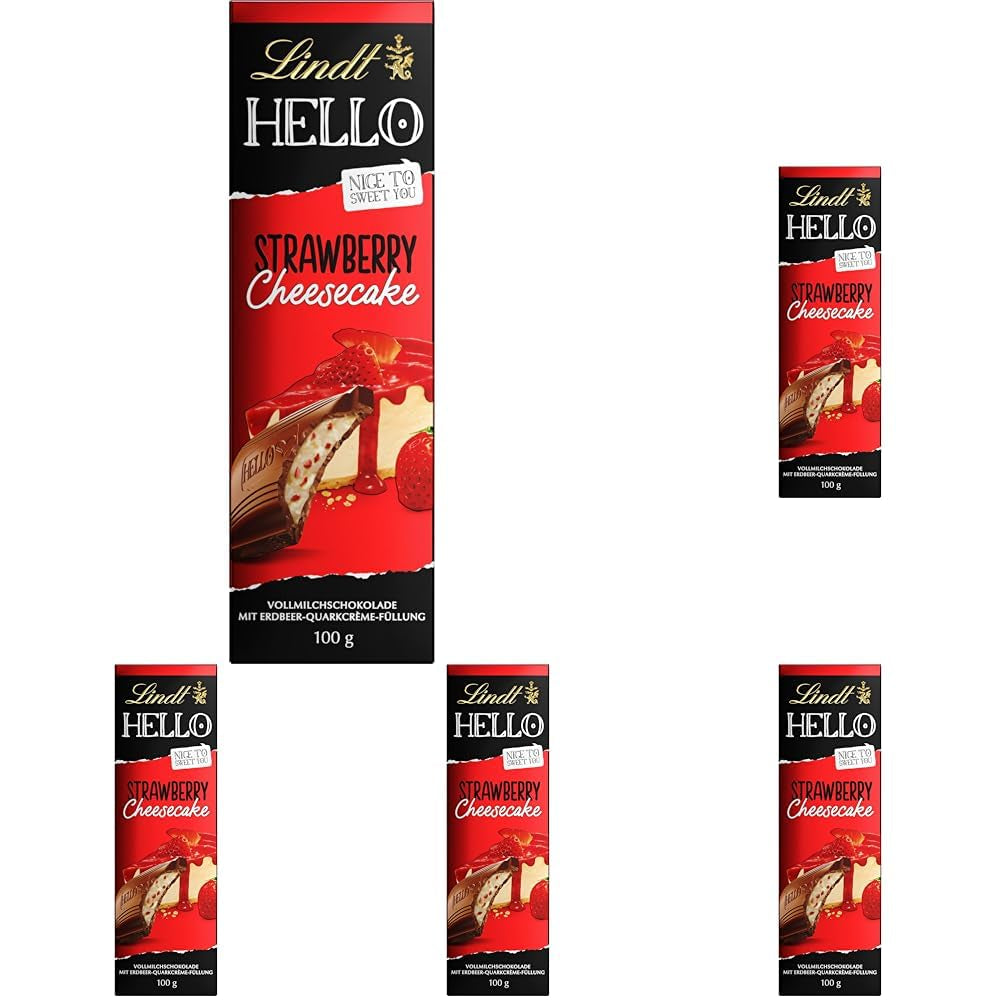 Lindt HALLO Aardbei-chocolade-cheesecake | Reep 100g | Melkchocolade met Aardbeienkwarkroomvulling | Chocoladereep | Chocoladecadeau (pak van 5)