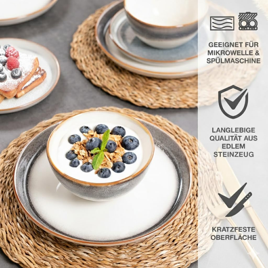 Moritz & Moritz TARENTO 24-delige serviesset voor 6 personen, grijs - Elegante hoogwaardige aardewerken bordenset - De serviesset bestaat uit 6 dinerborden, 6 dessertborden, 6 dinerborden en 6 kopjes