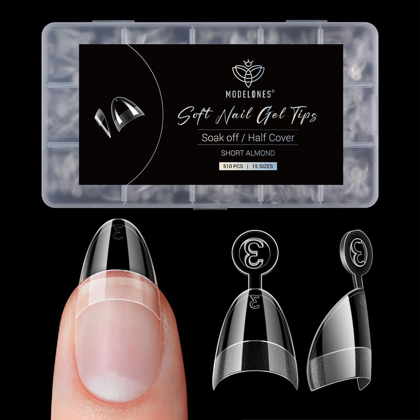 Modelones nageltips 510-delig - volledig dekkende nageltipsset, geltipsset, pre-polijst PMMA-hars nageltips, kunstnagels voor lijm op nail art DIY, korte Squoval