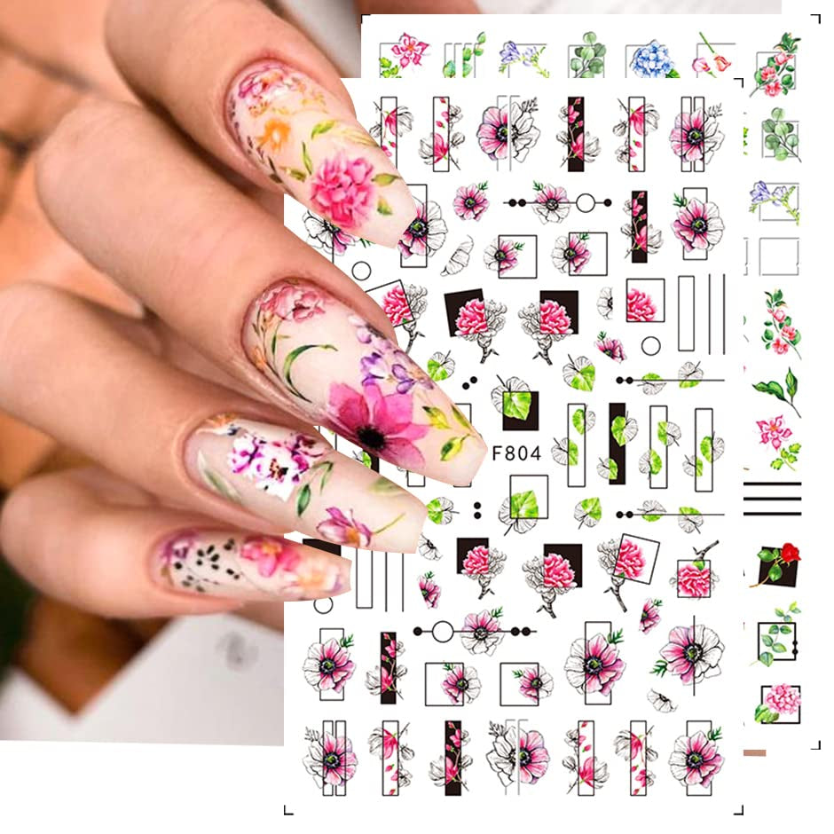 JMEOWIO Nagelsticker Frühling Blumen 10 Blätter Nagelaufkleber Selbstklebend Nail Art Decoratie Nageldesign Zubehör Für Frauen Mädchen