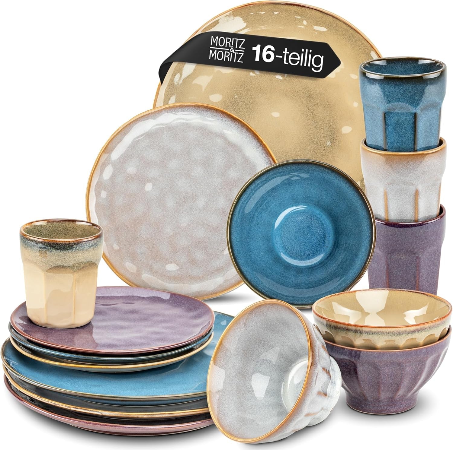 Moritz & Moritz COPA 16-tlg Geschirrset 4 Personen - Elegantes Teller Set aus hohrstandigem Steinzeug - Geschirr Set 4 Personen met 4x Dinnerteller, Dessertteller, Müslischale & Kaffeebecher