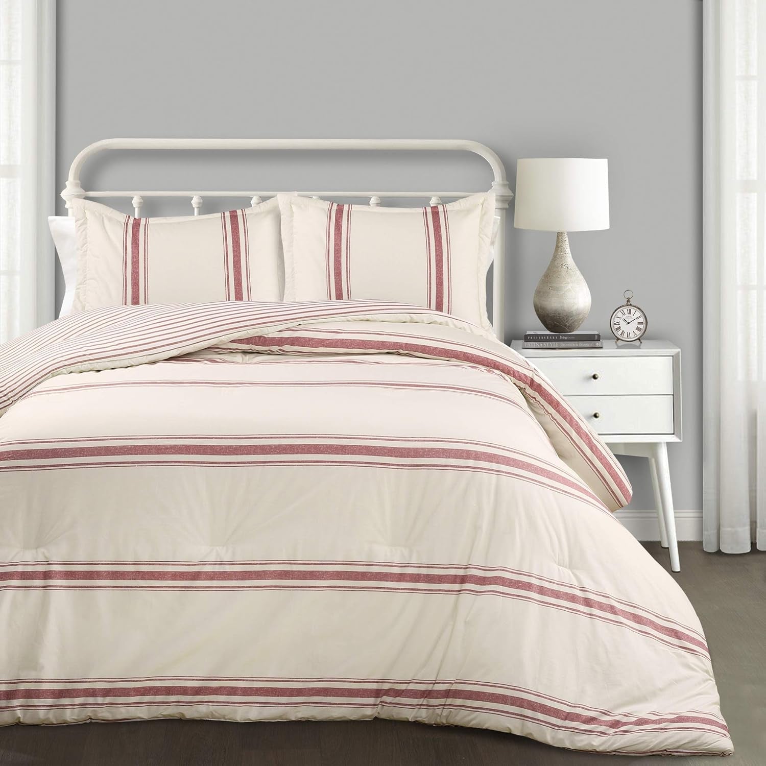 Weelderig decor gestreept boerderijdekbed, Full/Queen, grijze dekbedden en quilts Naty Shop Red King