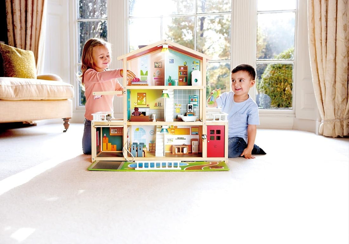 Hape Poppenvilla Houten poppenhuis met 10 kamers Creatief rollenspel inclusief meubels en accessoires Educatief speelgoed voor kinderen vanaf 3 jaar