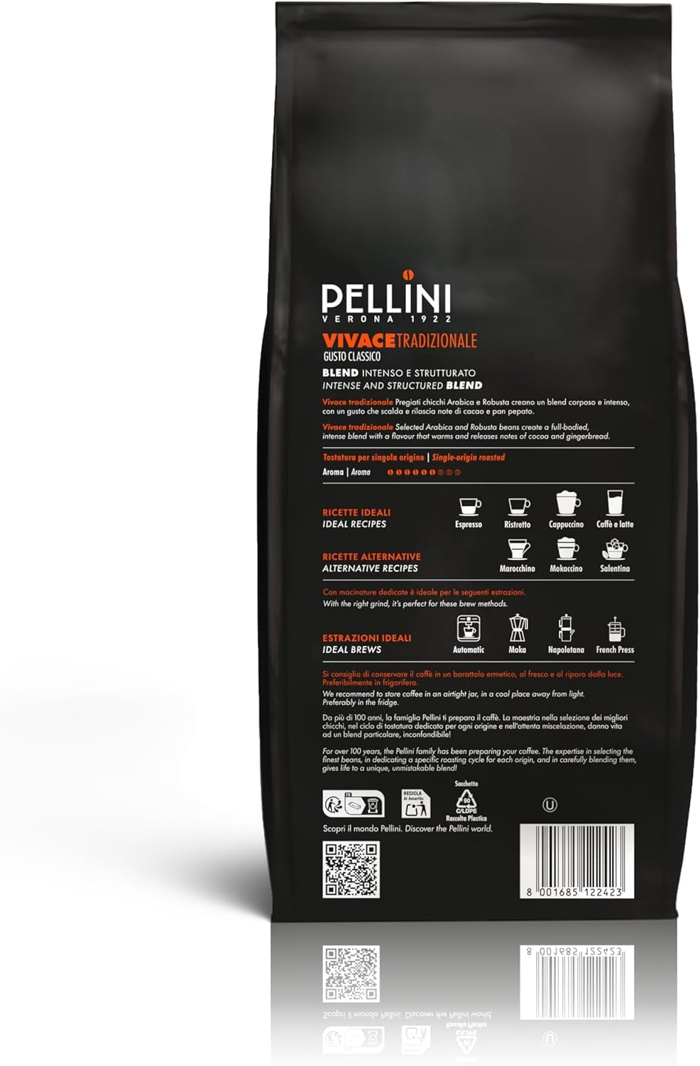 Pellini N.82 Vivace, Kaffeebohnen für Espresso 1 kg, Arabica- en Robusta-Mischung mit Kräftigem en Ausgefungem Gesmack, Mittlere Röstung