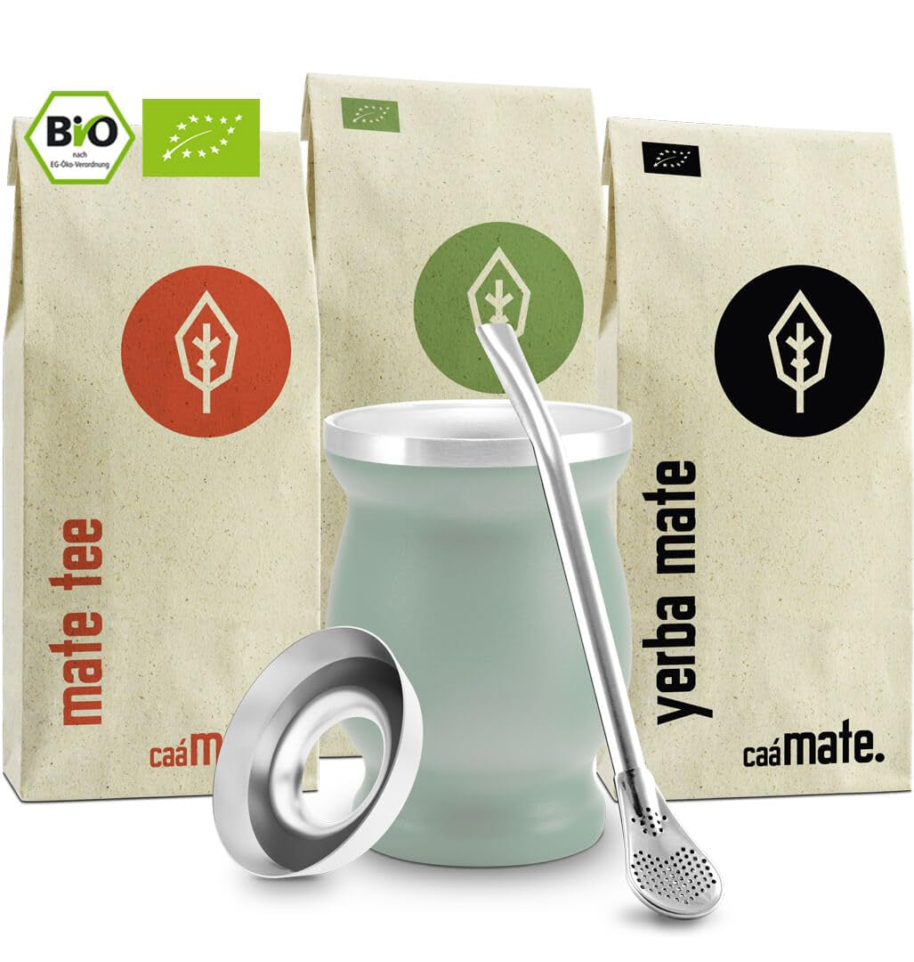 Mate Bio Theeset ● 3 Assortimenten Mate + Dubbelwandige Mate Mok van RVS + Bombilla + Zetinstructies (Zwart)