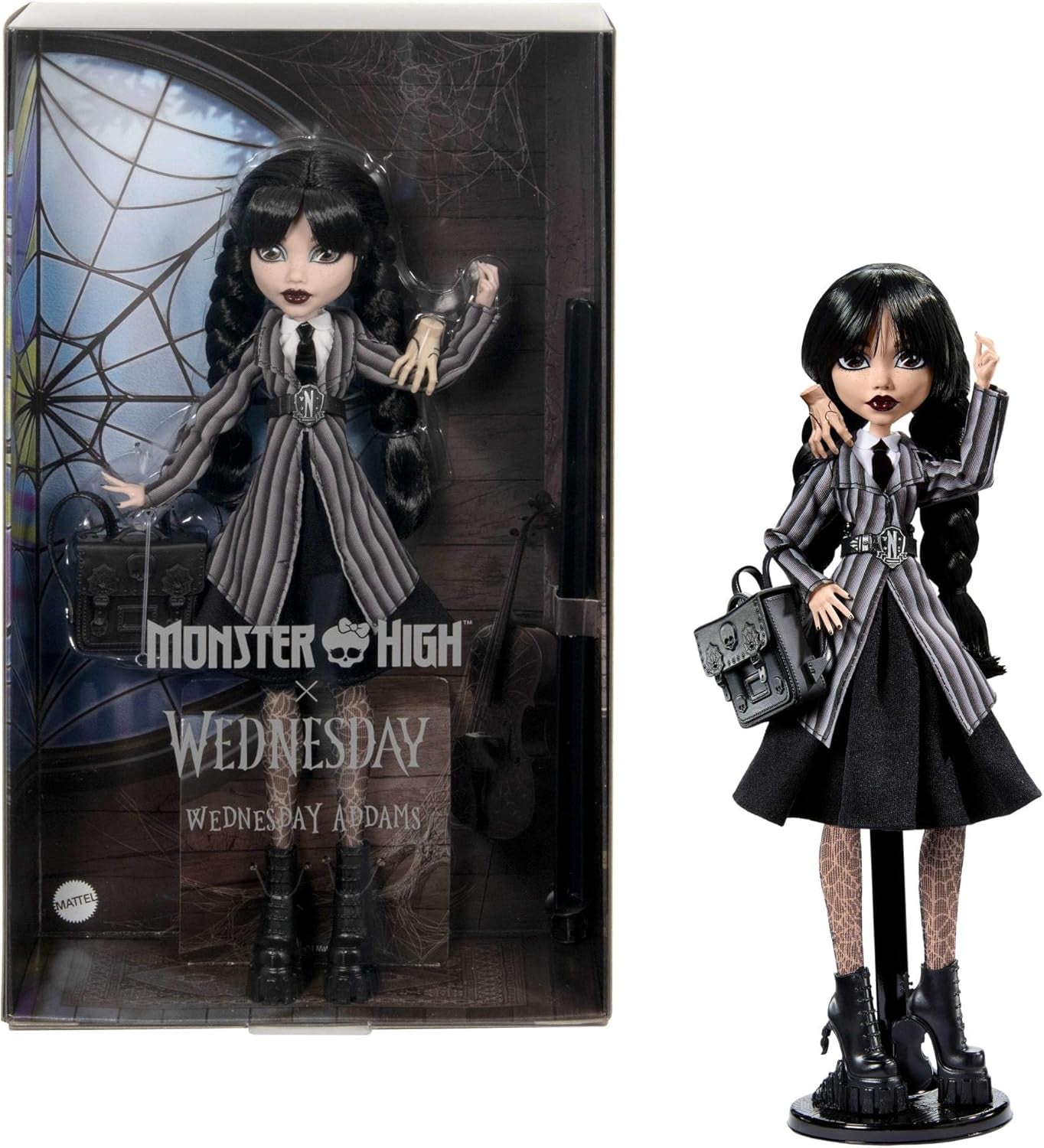 Monster High Wednesday-pop en accessoires Wednesday Addams-verzamelfiguur in Nevermore Academy-uniform met ijskoude hand en rugzak-poppenstandaard HXJ04 Naty Shop-poppen [Meerkleurig]