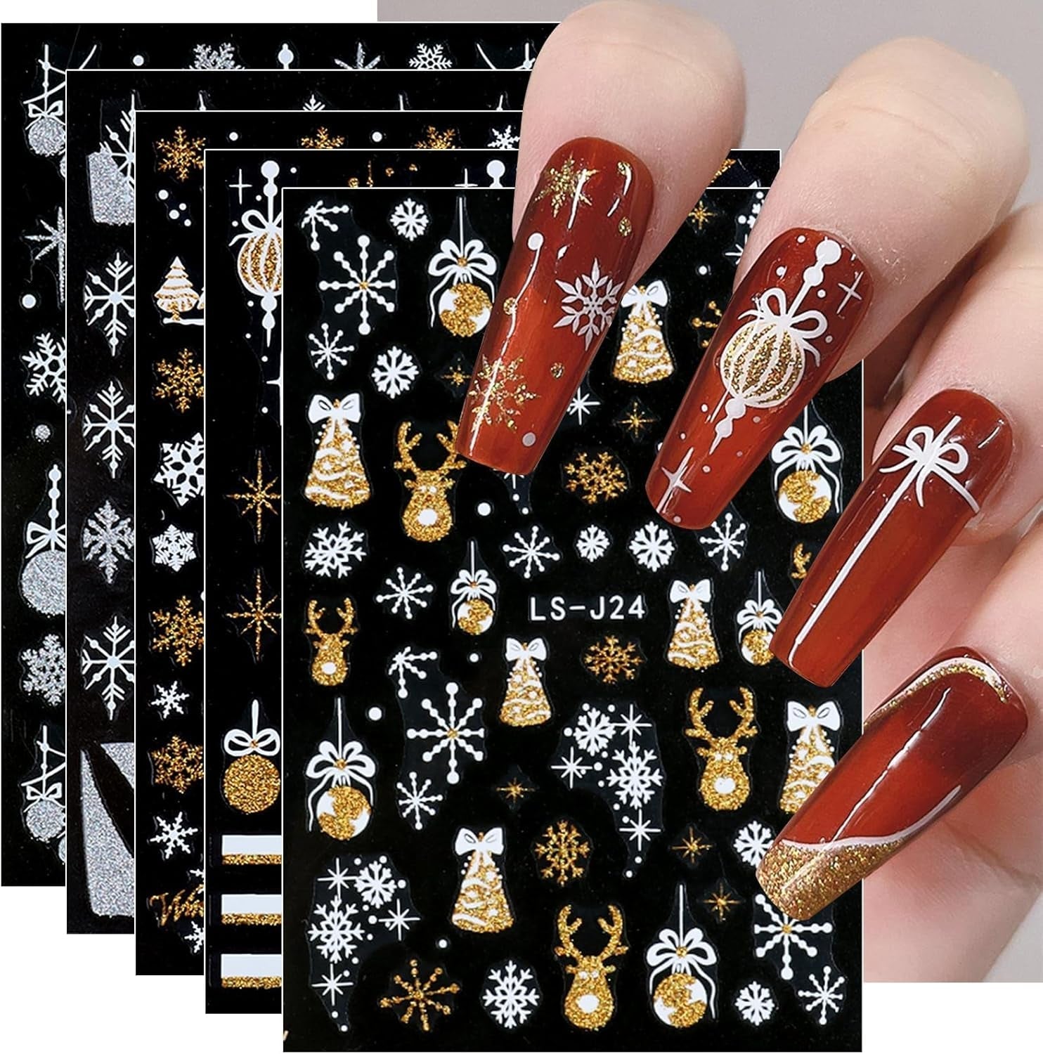 JMEOWIO Nagelsticker Weihnachten Gold Glitter Silber 8 Blatt Nail Art Sticker Selbstklebend Nagelaufkleber Schneeflocke Winterurlaub Decoratie Nageldesign Zubehör