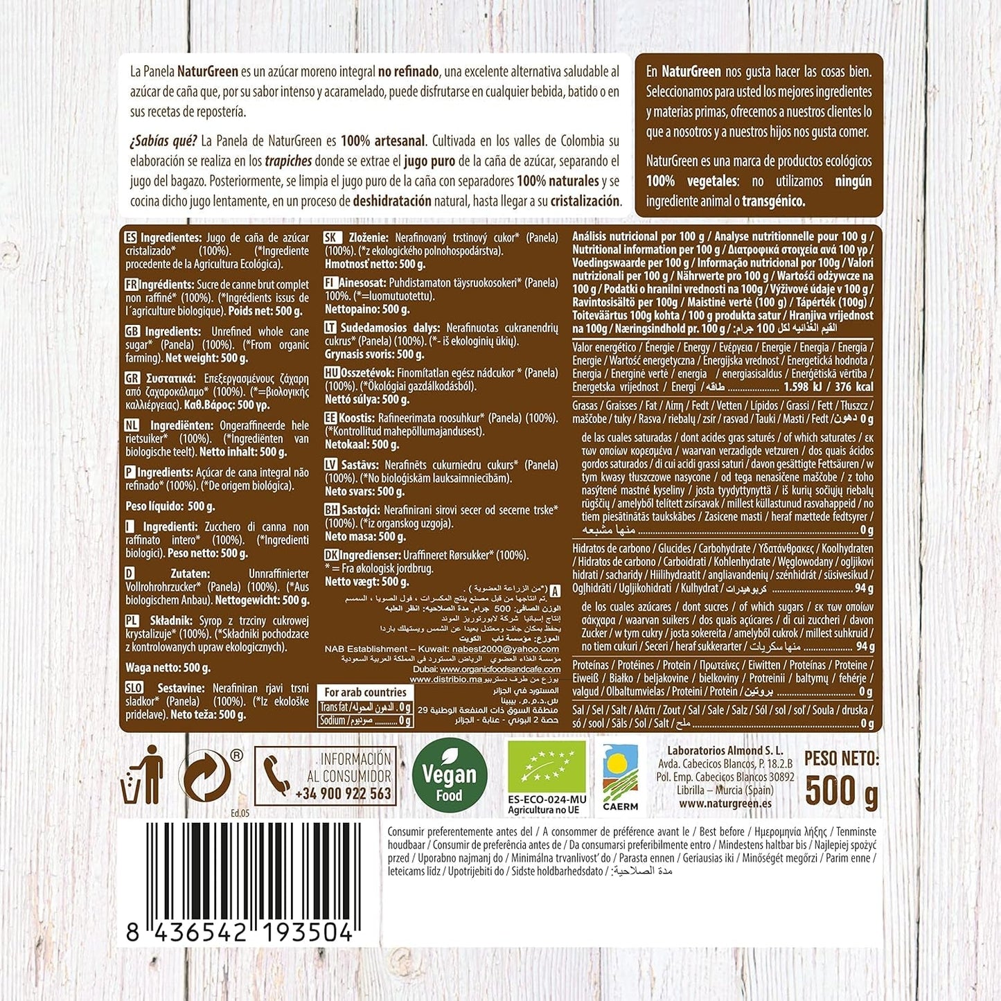 - Biologisch gekristalliseerd paneel, pure suiker, ecologische zoetstof, natuurlijk suikerrietsap - 500 g, pakje van 12 zoetstoffen Naty Shop