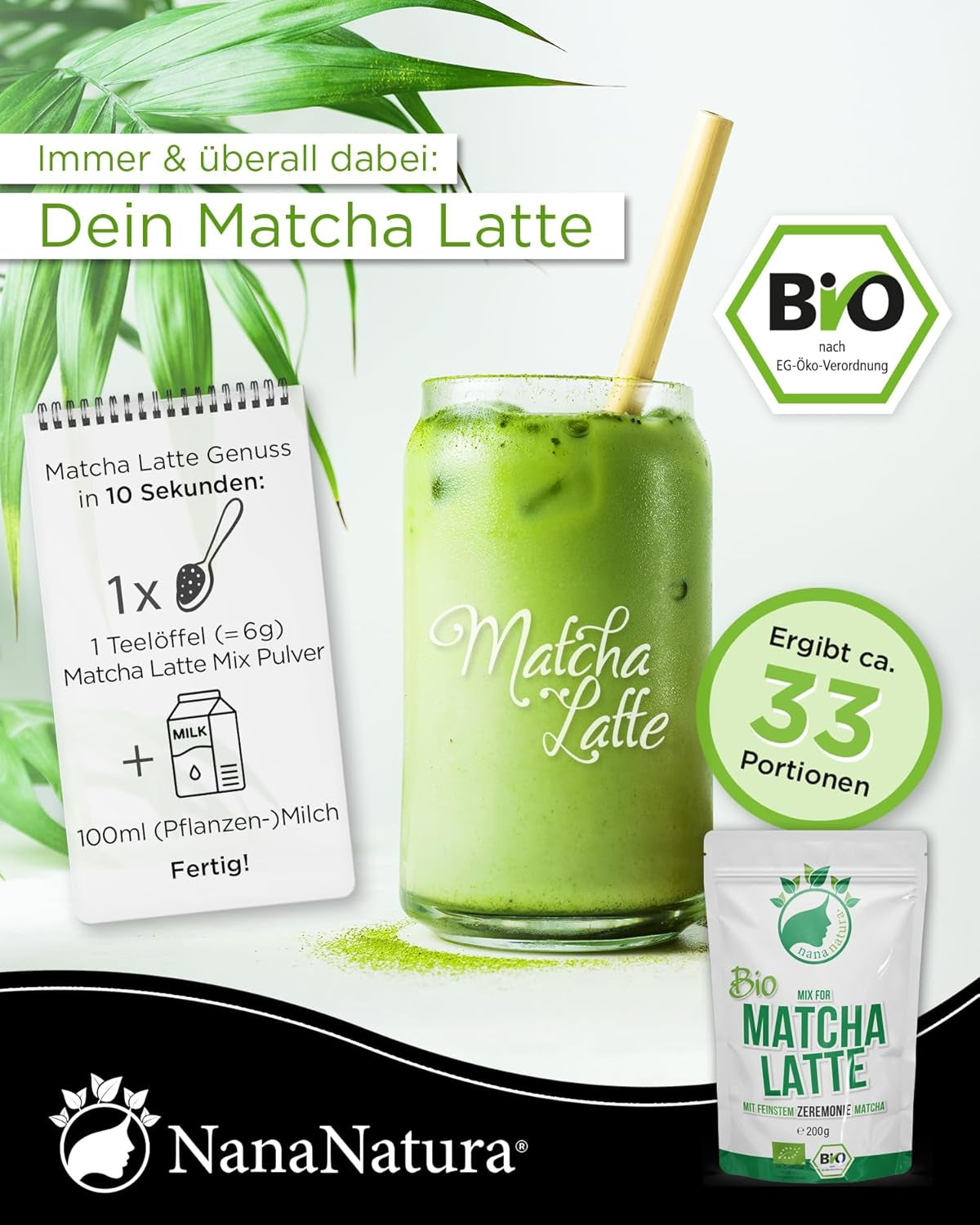 Nananatura'S Bio Matcha Latte Mix met 22% groene theepoeder van ceremoniële kwaliteit uit Japan | Voor eenvoudig en lekker genieten van thee | Ook geschikt voor ijs en gebak