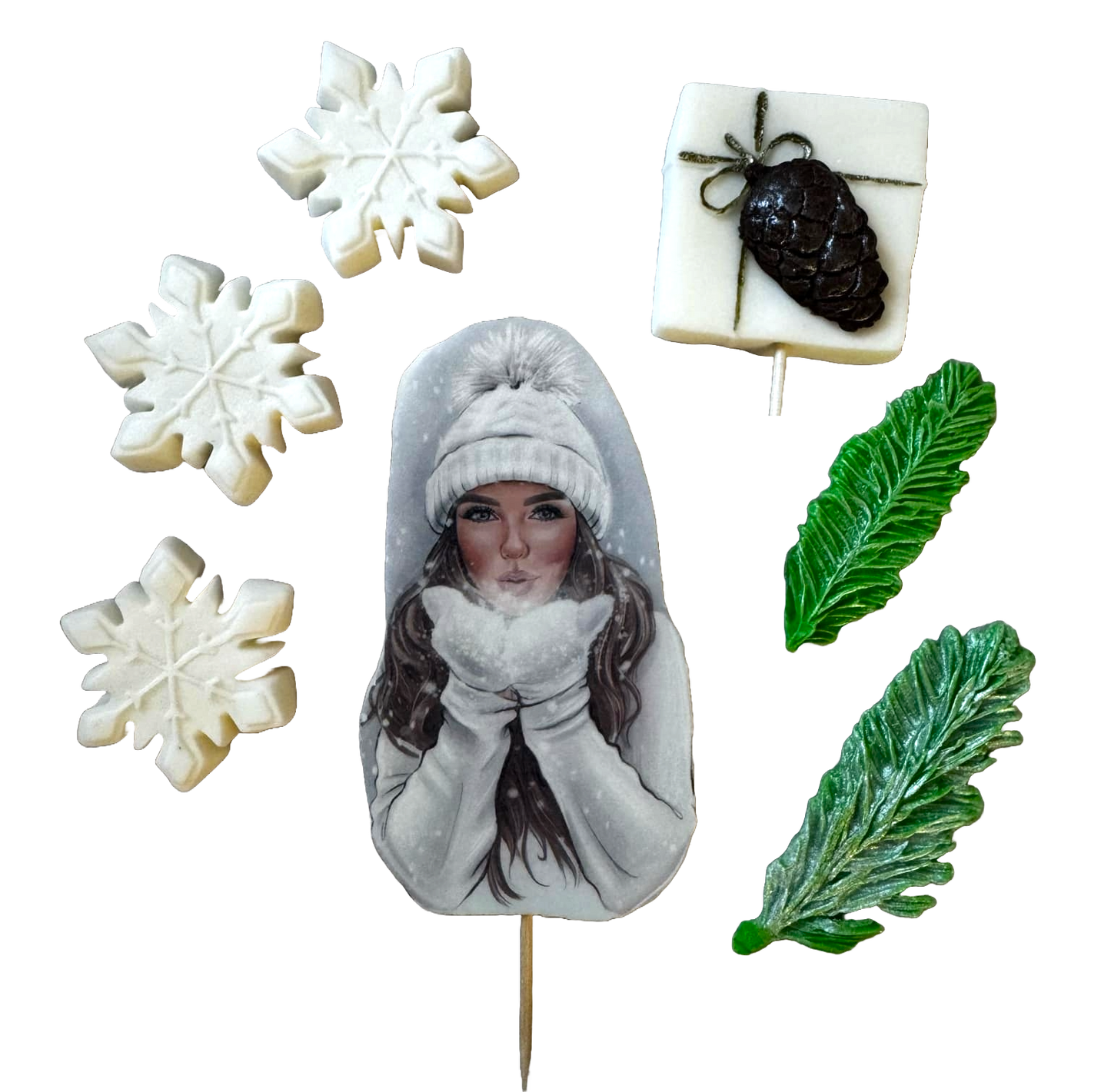 Set van 7 eetbare suikerpasta-decoraties, Beautiful Lady, witte hoed Sugar Paste Decorations Naty Shop
