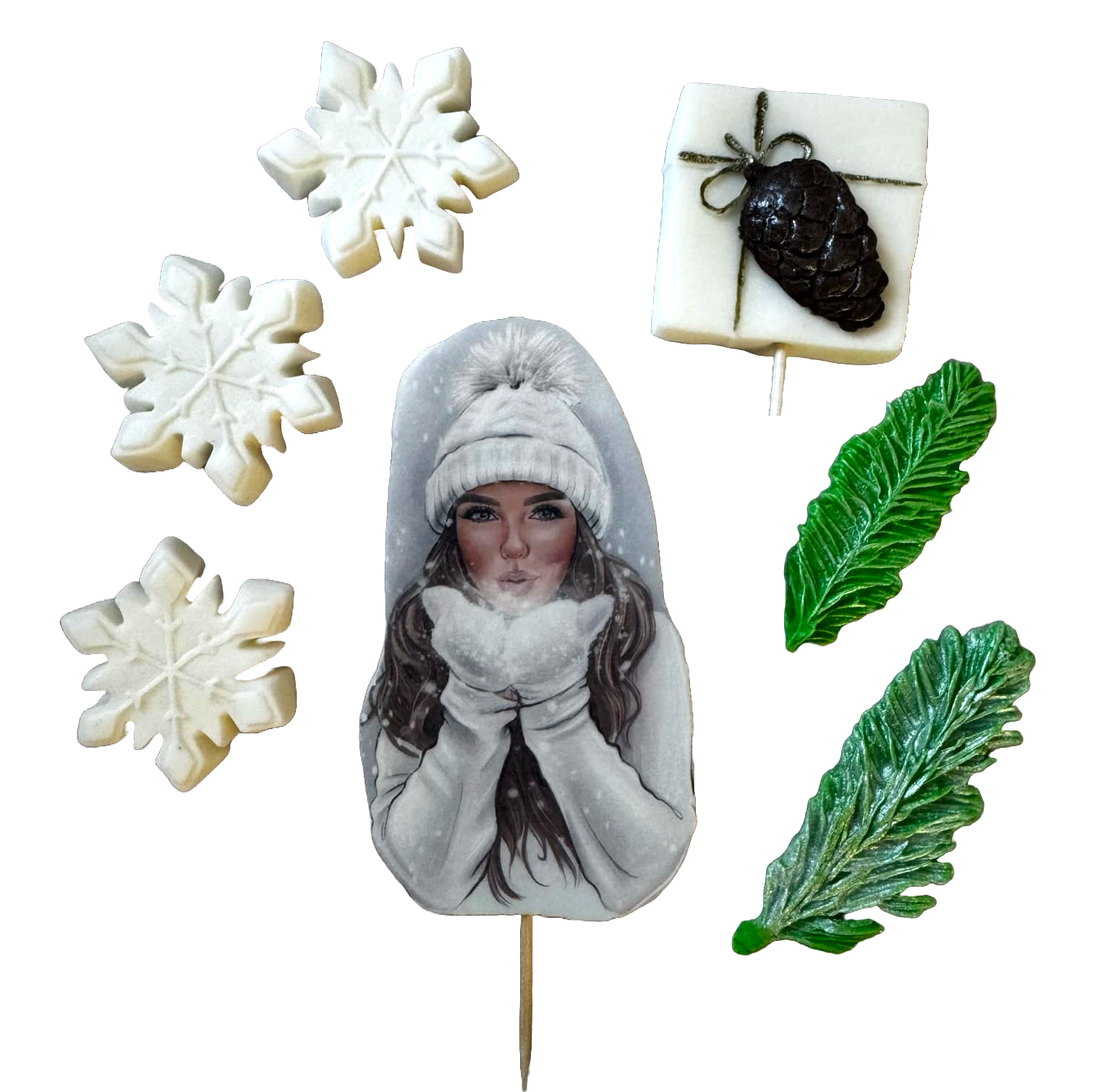 Set van 7 eetbare suikerpasta-decoraties, Beautiful Lady, witte hoed Sugar Paste Decorations Naty Shop