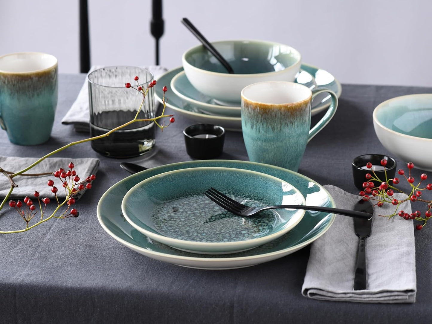 Creatable, Caldera-serie, vaatwasser- en magnetronbestendige serviesset van steengoed, kwaliteitsproductie (groene 8-delige comboset)
