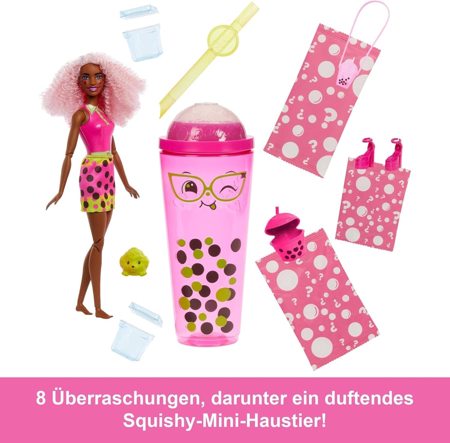 Barbie Pop Reveal Bubble Tea pop en accessoires, geurende Berry Bliss modepop met huisdier, 8 verrassingen, inclusief kleurwisselaar, opbergbeker, HTJ20