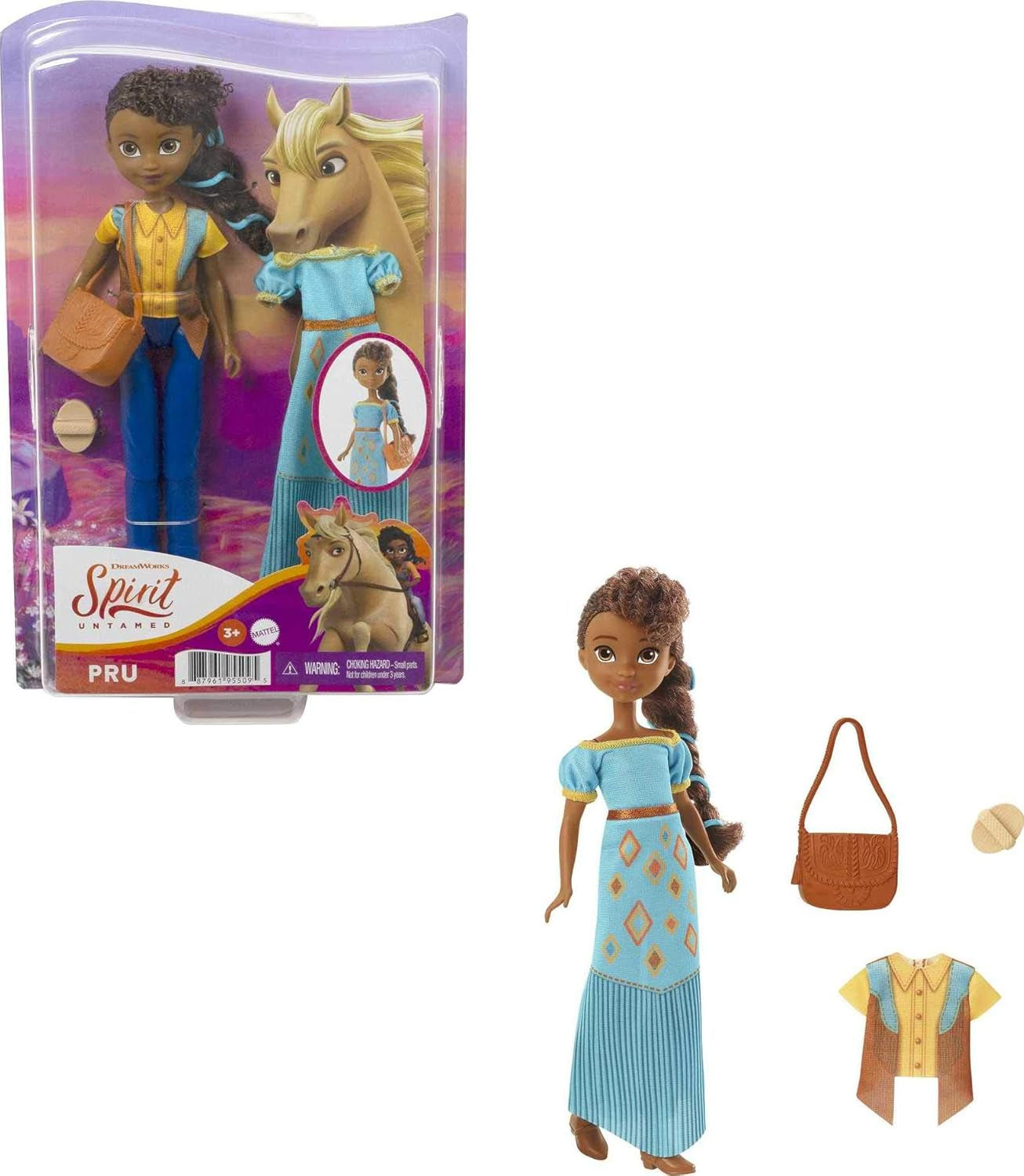 Dreamworks Spirit GXF18 - Spirit - Gratis en ongetemde modieuze leuke Pru-pop (18 cm), 2 modieuze outfits en accessoires, 7 beweegbare gewrichten, geweldig cadeau voor kinderen vanaf 3 jaar