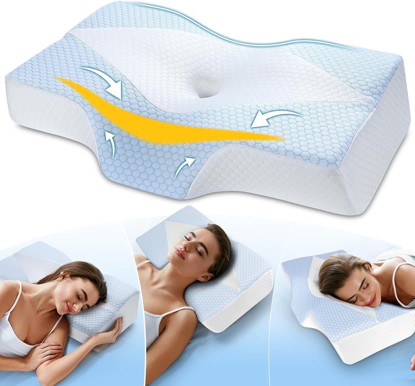 Nekkussen van traagschuim Ergonomisch orthopedisch kussen voor nek- en schouderpijn - Verkoelend slaapkussen voor zij-, rug- en buikslapers met neksteun Cervicale orthopedische kussens Naty Shop Blauw Wit (63,5 cm * 40,6 cm * 10,7/13,2 cm) Blau Weiss (63,5 cm * 40,6 cm * 10,7/13,2 cm)