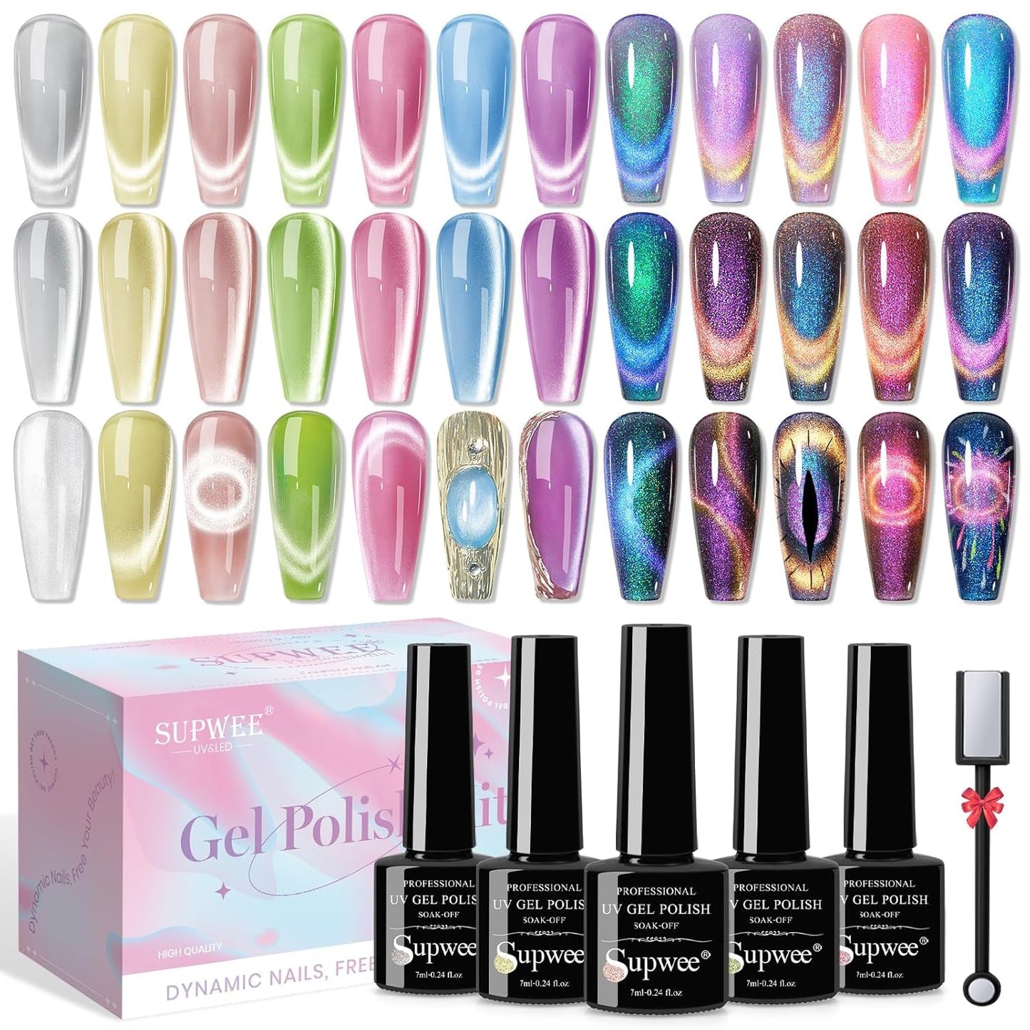 SUPWEE 5 in 1 nagelmagneetgereedschap, roze Cat Eye-magneet voor nagelmultifuncties Magnetstift DIY Magic 3D-magneetstick-pennenset Nail Art-magneetstick voor nagelkunst doe-het-zelf