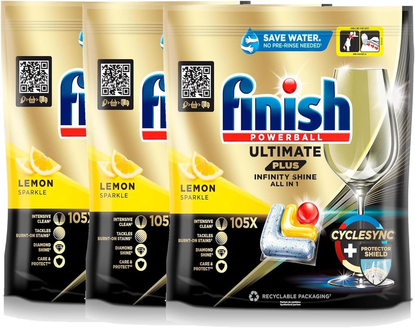 Finish Ultimate plus Infinity Shine Citrus Dishwasher Tabs - Tabletten voor de vaatwasser, intensieve reiniging - 105 capsules, citroen Naty Shop Set 3 x 105 capsules