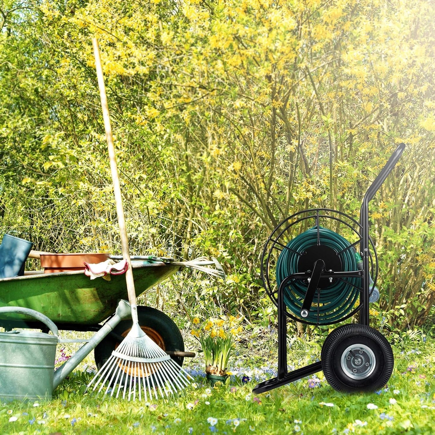 Relaxdays slangenwagen, mobiele slanghaspel, 1/2" en 3/4" aansluiting, slang tot 80 m, 2 wielen, metaal, zwart