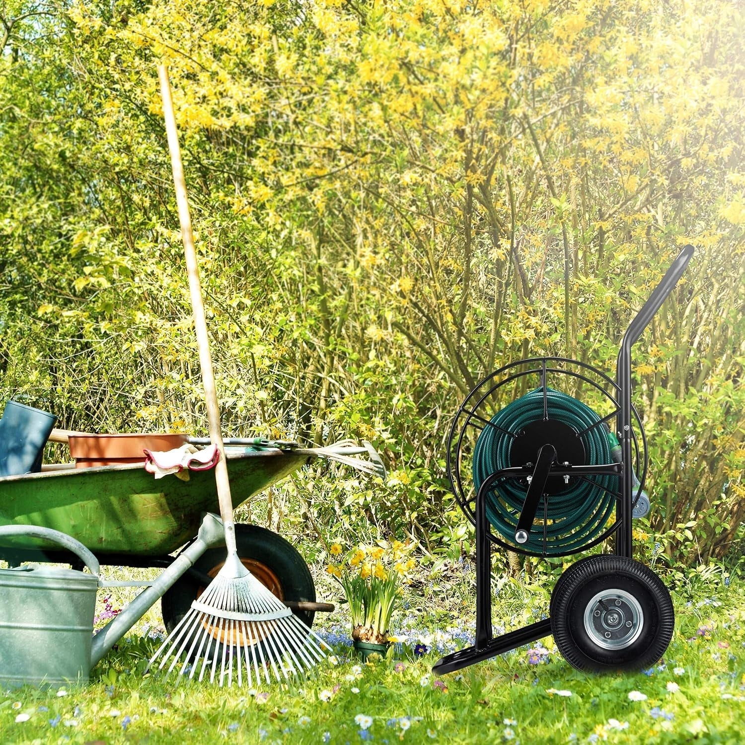 Relaxdays slangenwagen, mobiele slanghaspel, 1/2" en 3/4" aansluiting, slang tot 80 m, 2 wielen, metaal, zwart