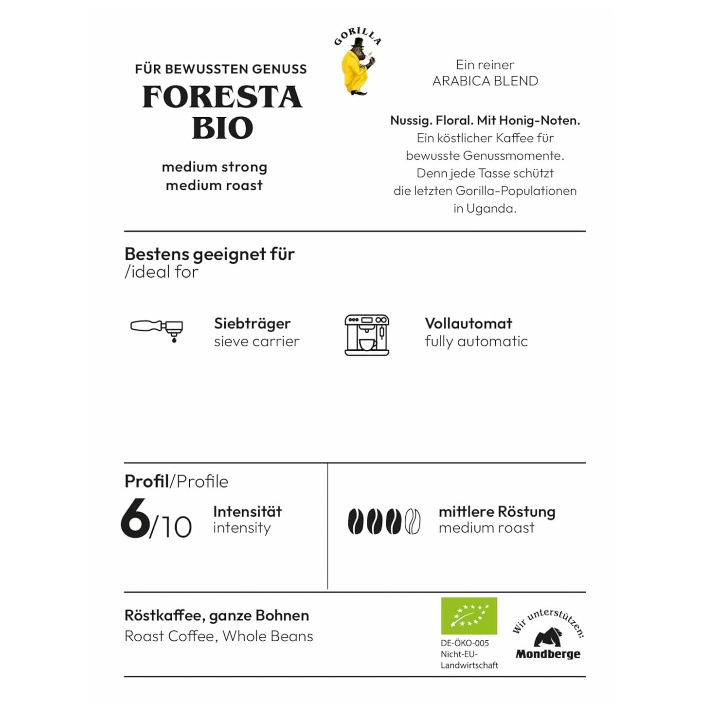 Gorilla Foresta Koffie 6 x 1000 g hele geroosterde bonen | Arabica-melange | Portafilter en volautomatische espressomachines | Espresso koffie