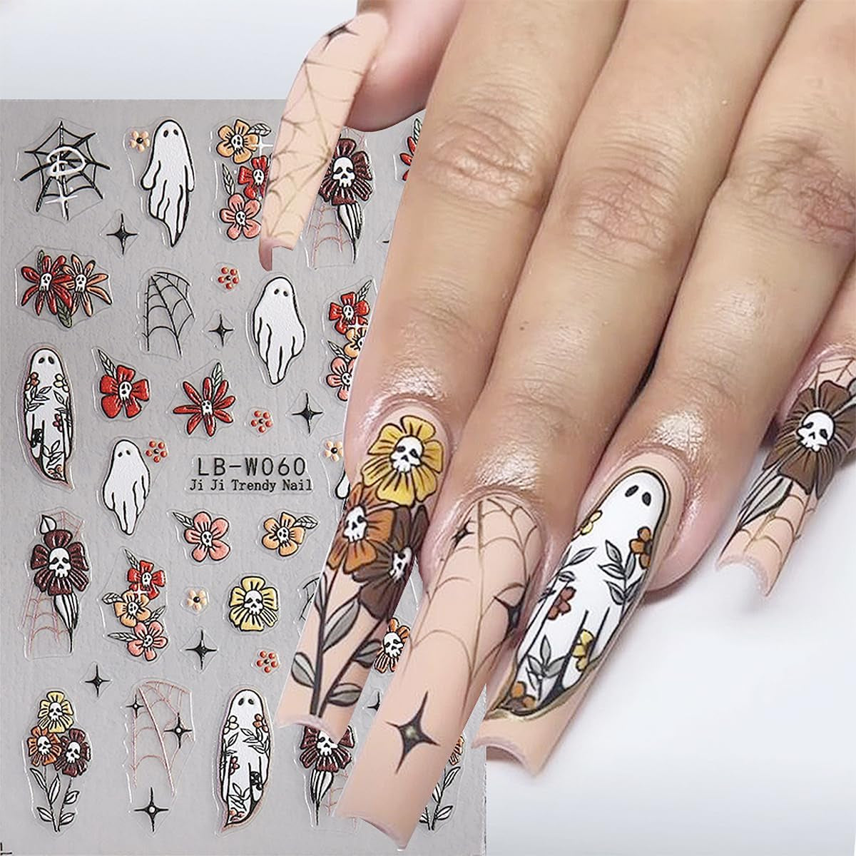 JMEOWIO Nagelsticker Halloween 9 Blatt Nail Art Sticker Selbstklebend Nagelaufkleber Süße Geisterblume Decoratie Nageldesign Zubehör