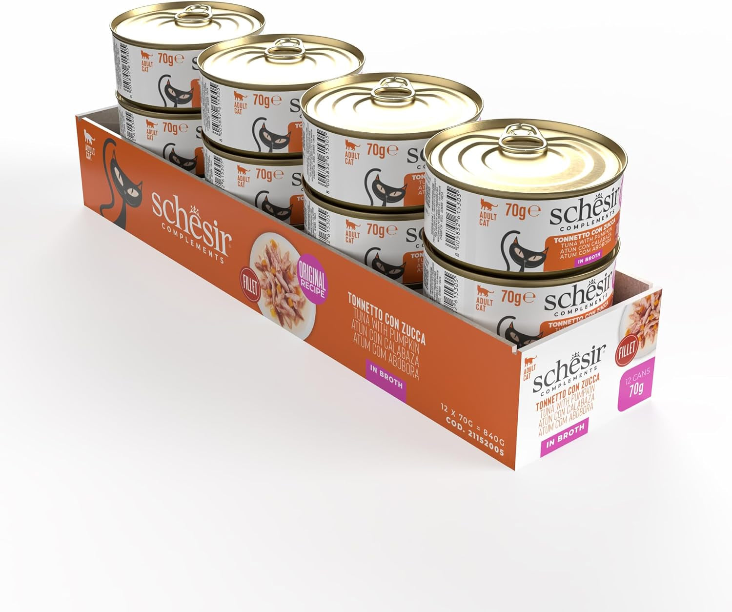 Tonijn met pompoen in bouillon, aanvullend natvoer voor katten, origineel recept, 100% natuurlijk, 12 blikjes van elk 70 g