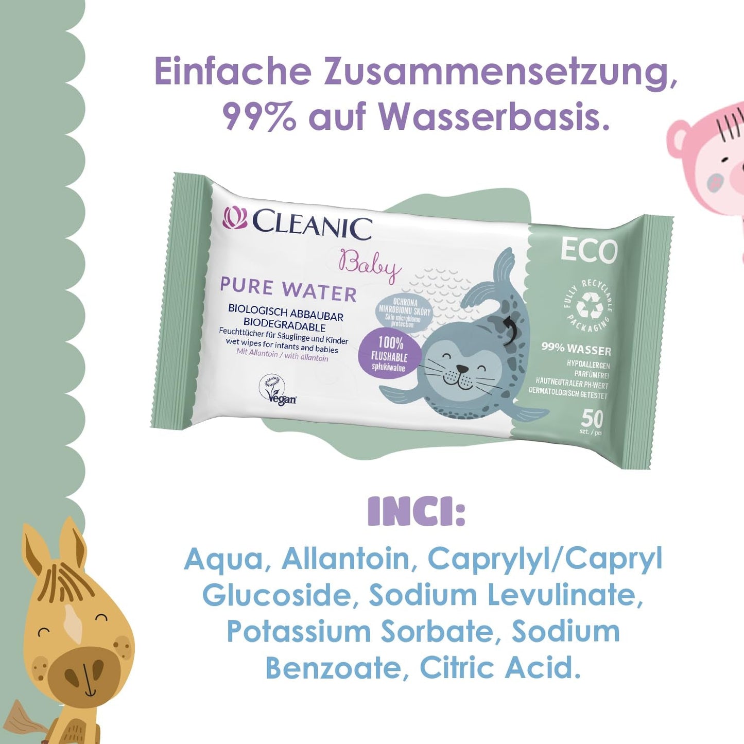 Cleanic Baby Eco Pure Water Vochtige Doekjes – (1 x 50 st.) Vochtige doekjes voor kinderen en zuigelingen – geurvrij, doorspoelbaar, gevoelige huid – 50 st.