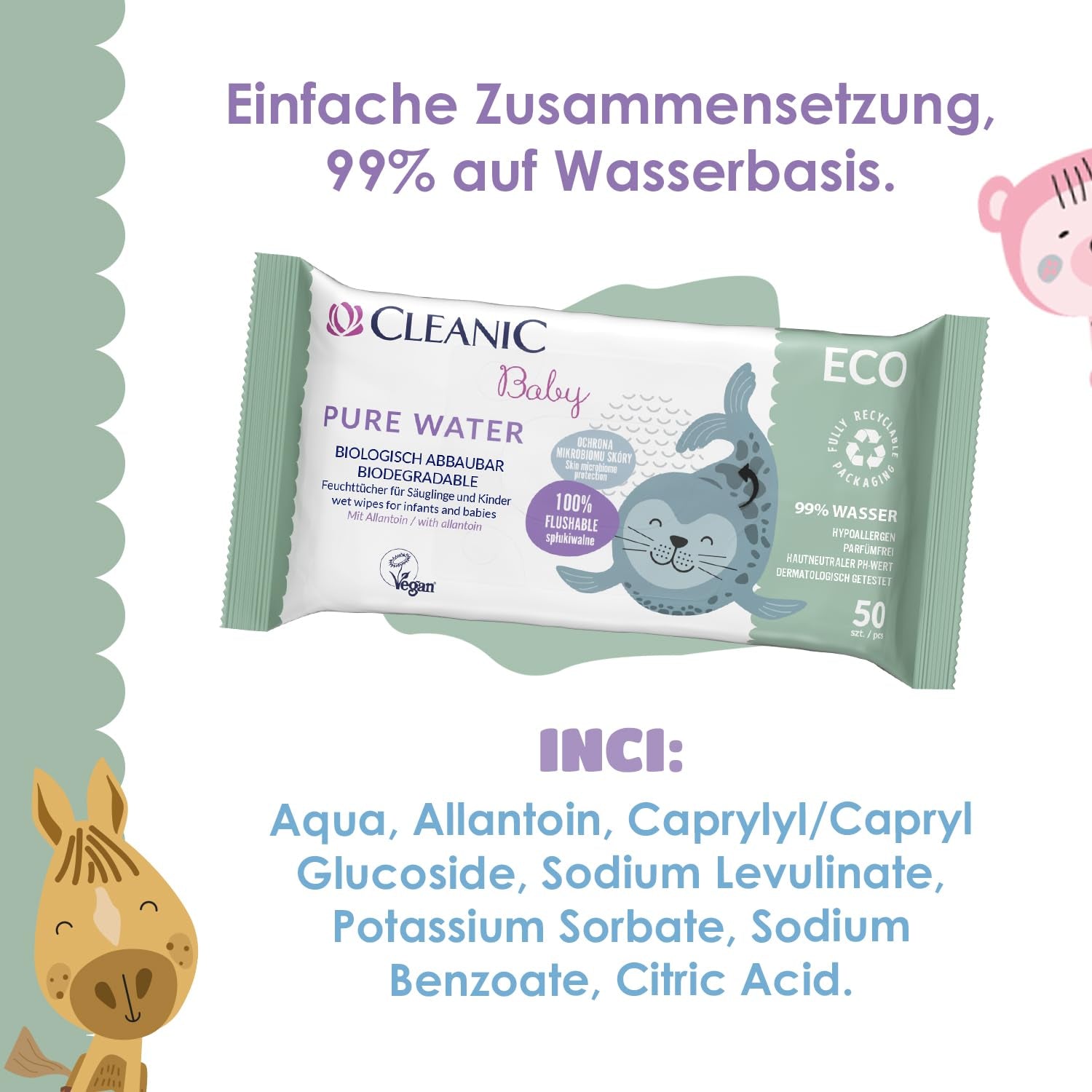 Cleanic Baby Eco Pure Water Vochtige Doekjes – (1 x 50 st.) Vochtige doekjes voor kinderen en zuigelingen – geurvrij, doorspoelbaar, gevoelige huid – 50 st.