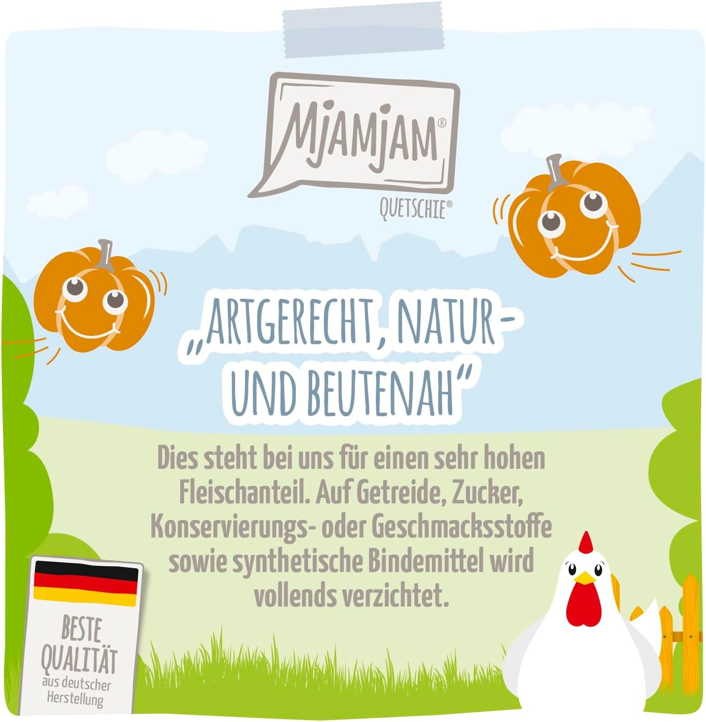 MjAMjAM - Quetschie - Chicks & Friends fabelhaftes Huhn en gedämpftem Kürbis 12 x 125g