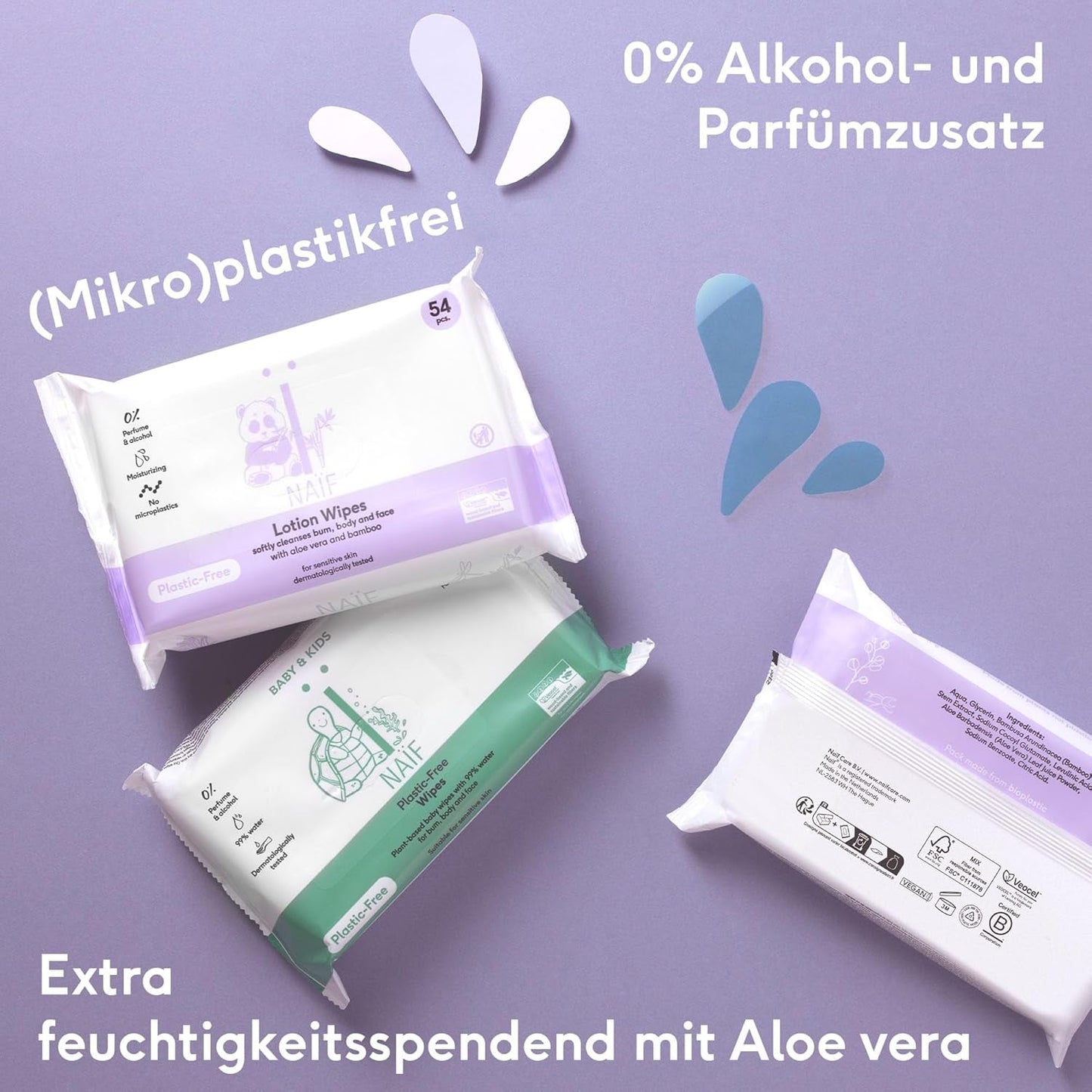 Naïf - Vochtige doekjes zonder plastic - 162 stuks (3 pakjes van elk 54 doekjes) - voor baby's en kinderen - billen, lichaam, gezicht - met aloë vera en bamboe - 0% geur en alcohol