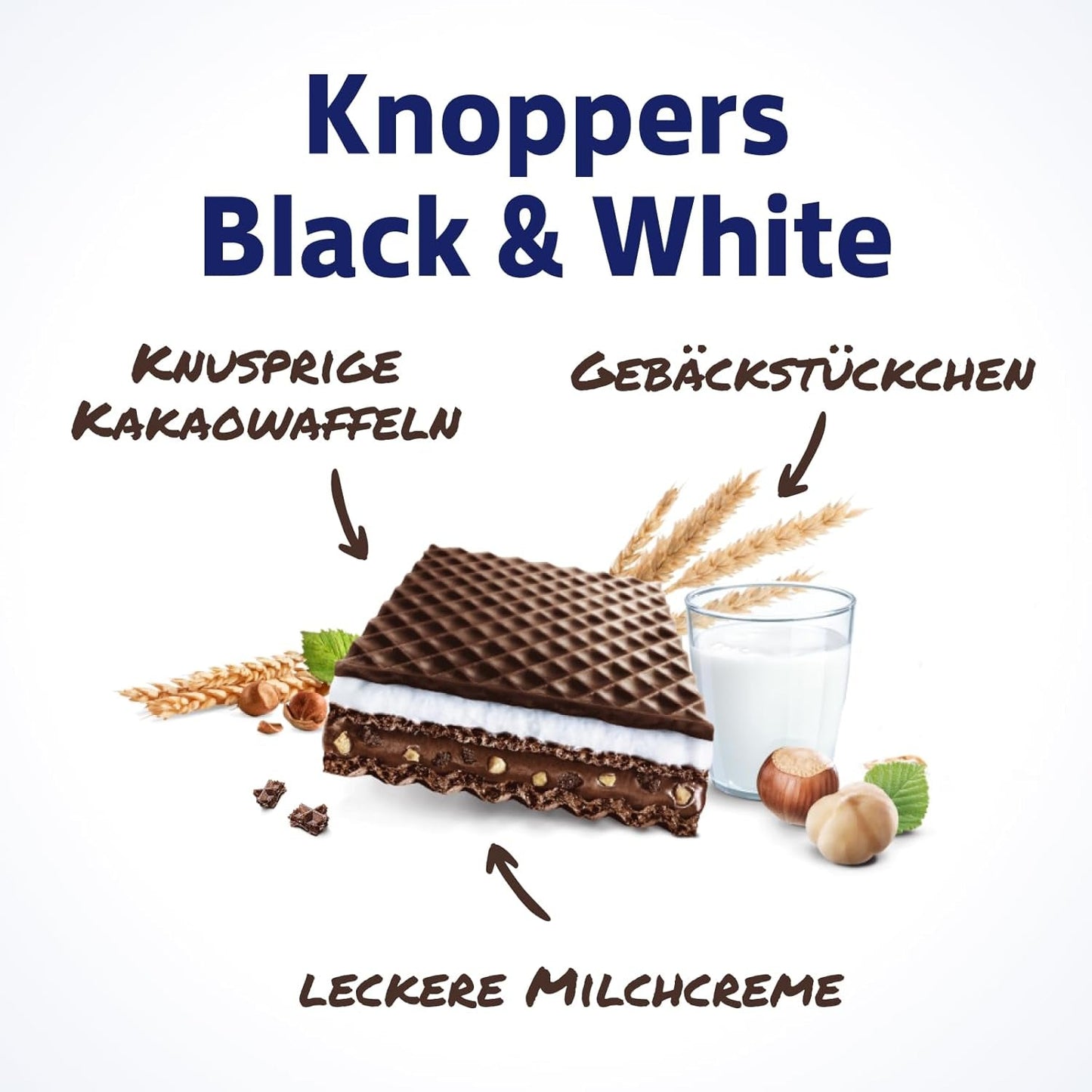 Witte en Zwarte Knoppers – 8 x 25 g – Wafelschijfjes gevuld met donkere cacaowafels, stukjes zwarte koekjes, melk en nougatcrème