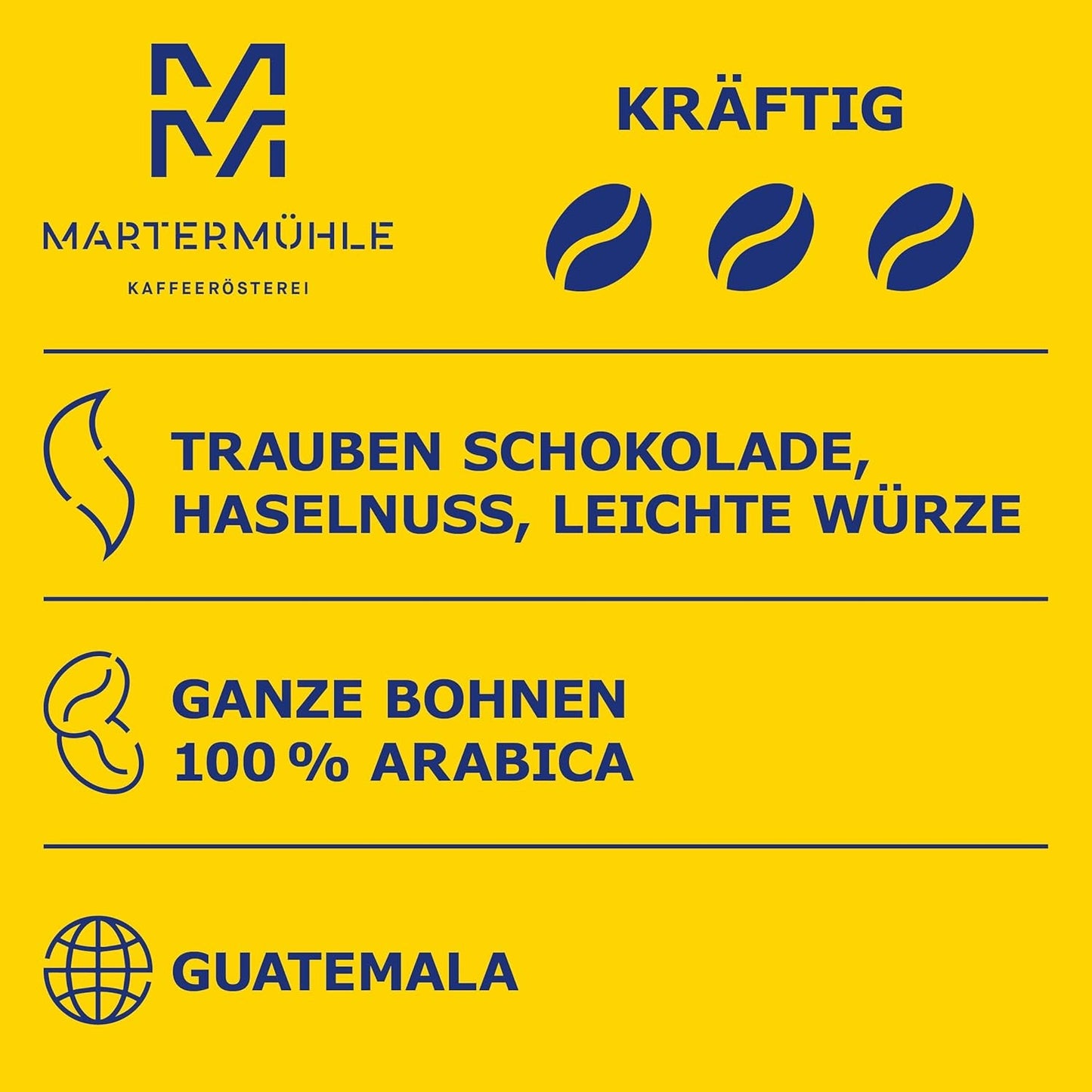 Koffiebonen Martermühle Guatemala 1kg sterk | Arabisch | Smaken: Hazelnoten, Lichte kruiden, Chocolade met druiven | Licht gebrande hele koffiebonen, lage zuurgraad