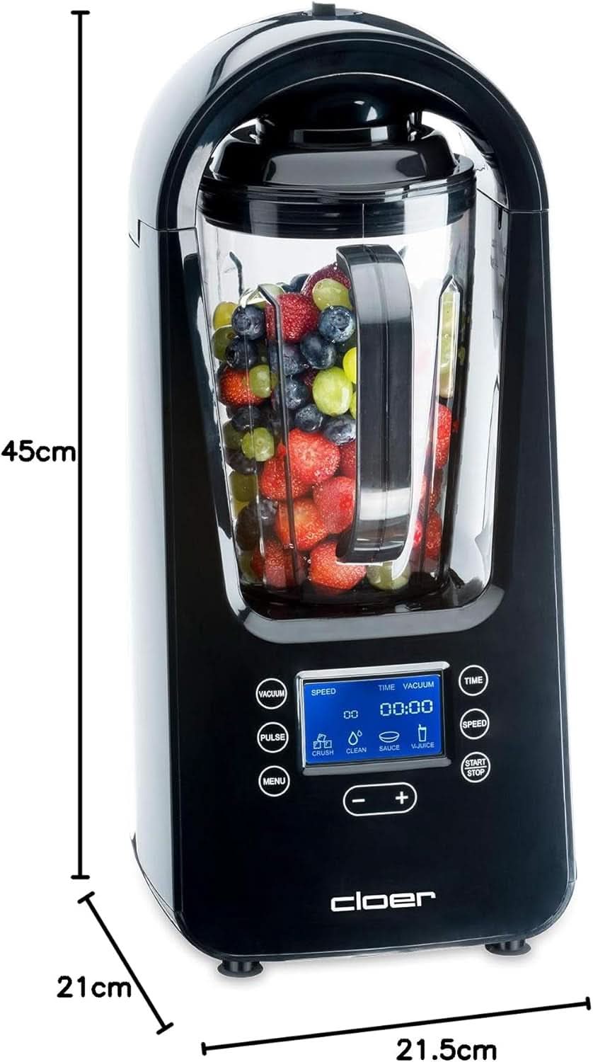 Cloer 6980 Vakuum Standmixer / 800 Watt / 21.000 U/Min. / Incl. Vorratsbehälter/Vakuumventil/Automatikprogramme/Eis-Crush-Funktion/Reinigungsfunktion/Schwarz, 1500 Milliliter Keuken Naty Shop