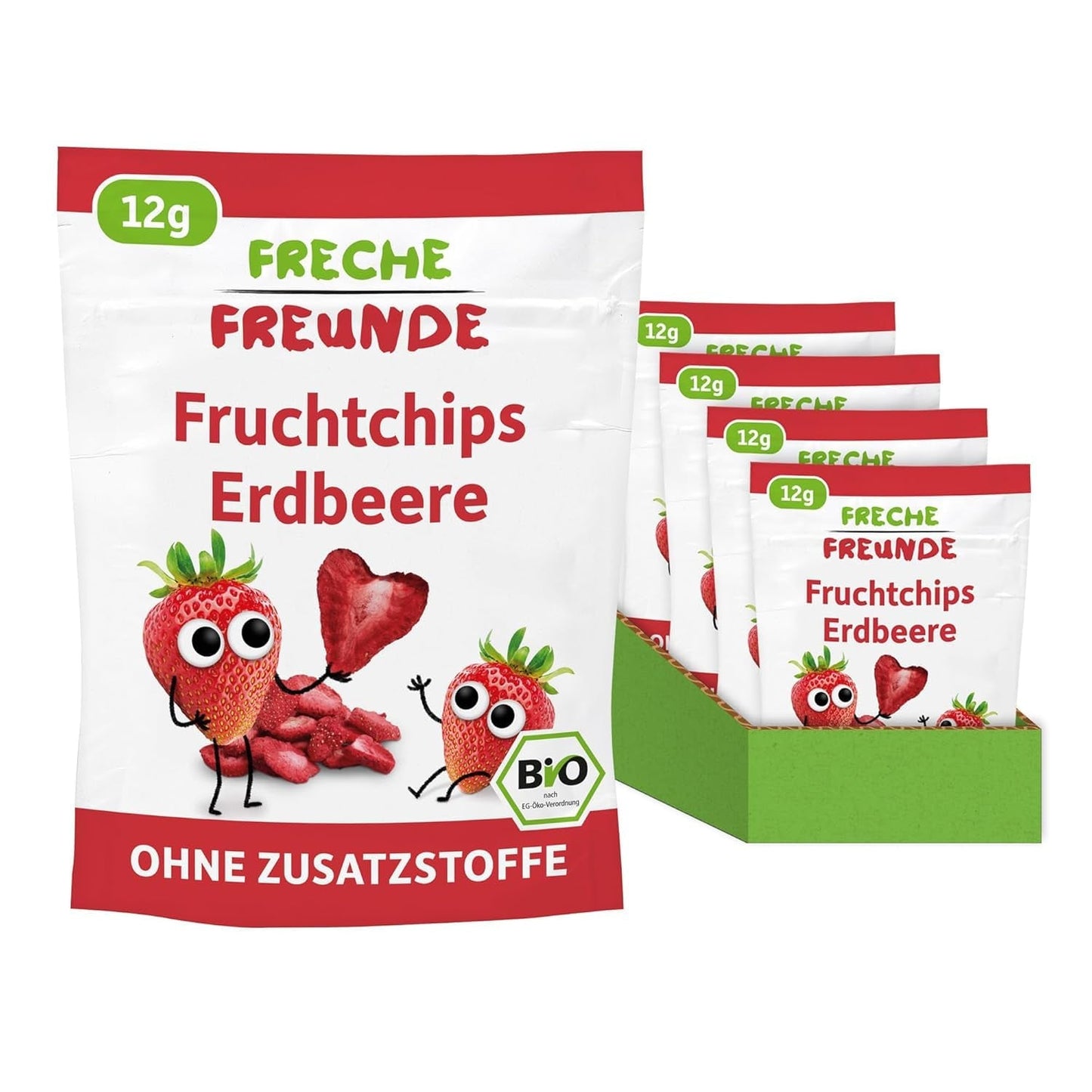 FRECHE FREUNDE Biologische aardbeienfruitchips, gevriesdroogde fruitchips, natuurlijk gesneden gedroogd fruit zonder toegevoegde suiker, veganistisch, lactosevrij, glutenvrij, verpakking van 12 (12 x 12 g)