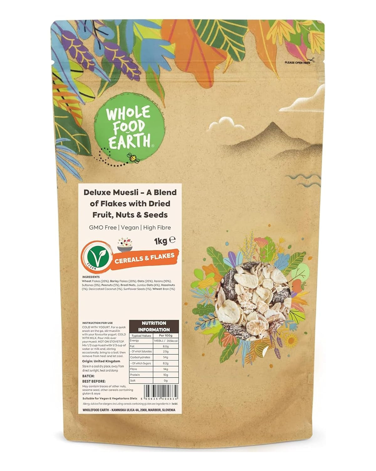 Muesli Deluxe Wholefood Earth - Een mengsel van vlokken met gedroogde vruchten, noten en zaden 1 kg | Niet-GMO | Rijk aan vezels